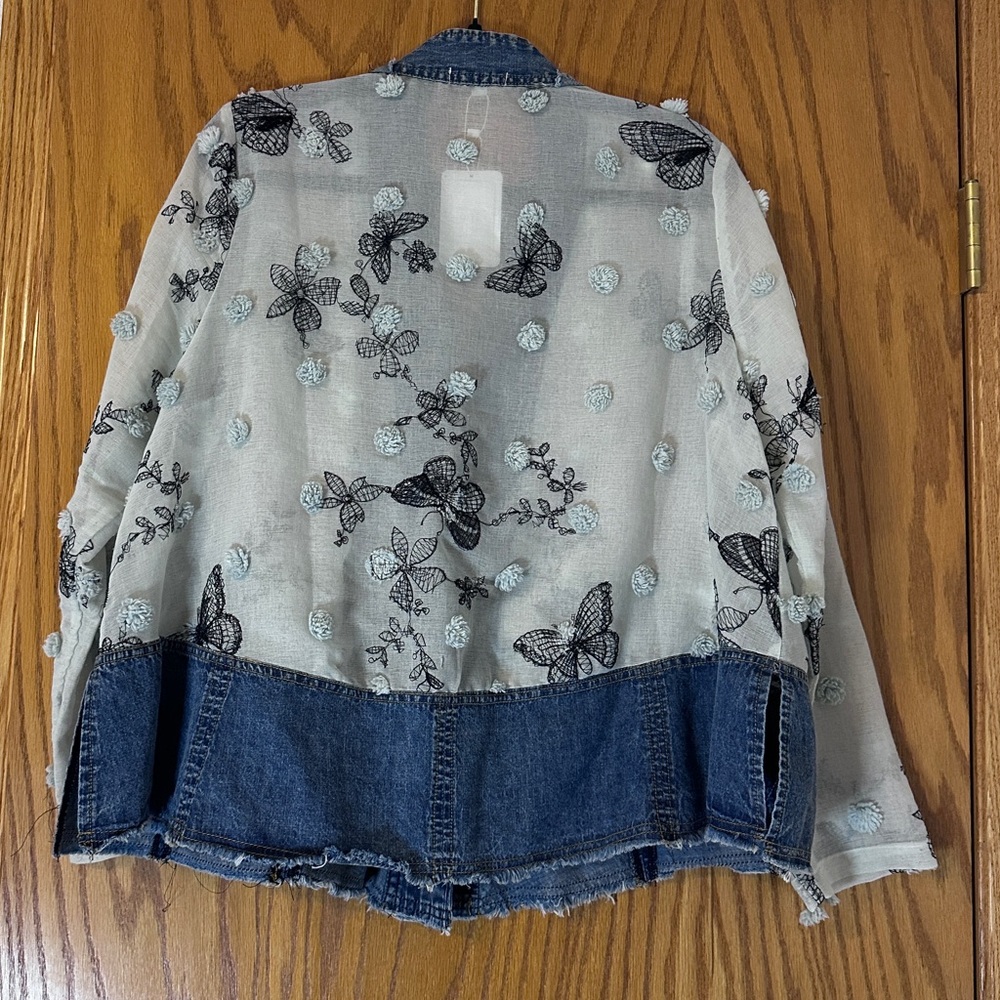 Adore Blue Embroidered Mixed Media Jean Jacket - NWT - Size M oversized - Picture 2 of 14